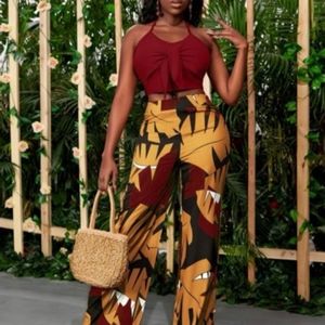 Tie Backless Halter Top & Allover Print Pants